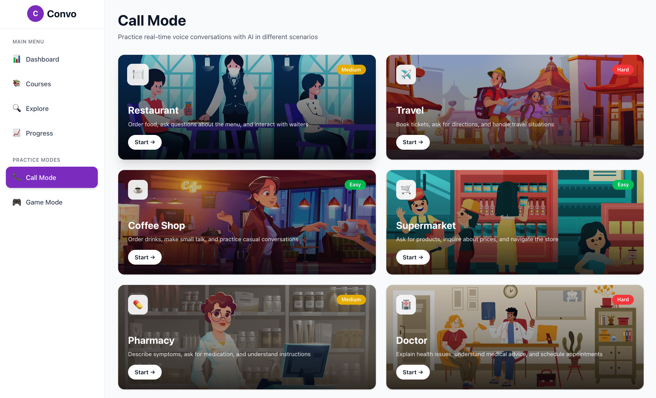 AI conversation practice interface with real-time voice chat and instant pronunciation feedback